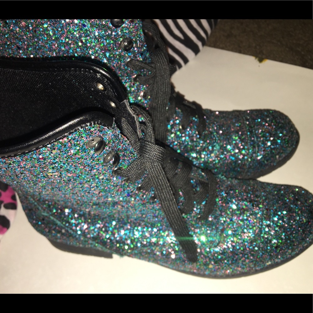 Green and blue glitter combat boots